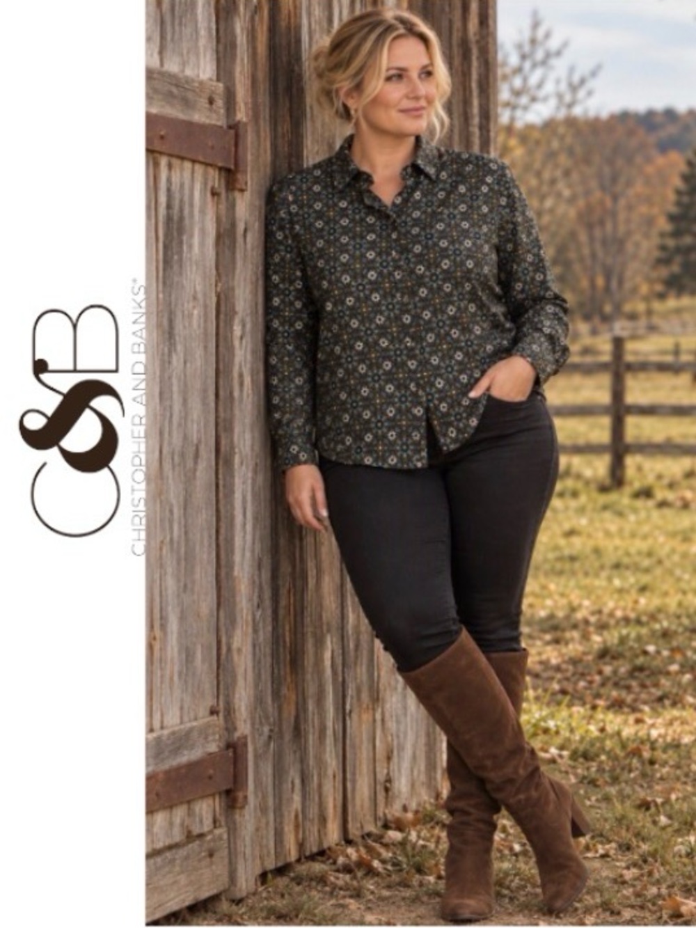 3X CJ Banks Button Up Printed Blouse in Geometric Pattern